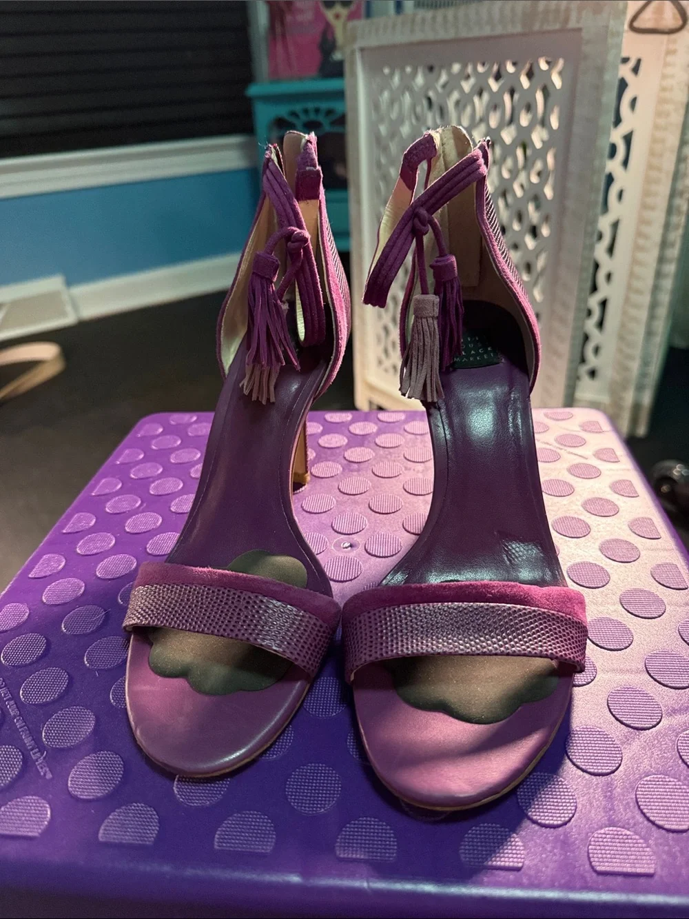 White House Black Market Purple Tassel Ankle-Strap Stiletto Sandals